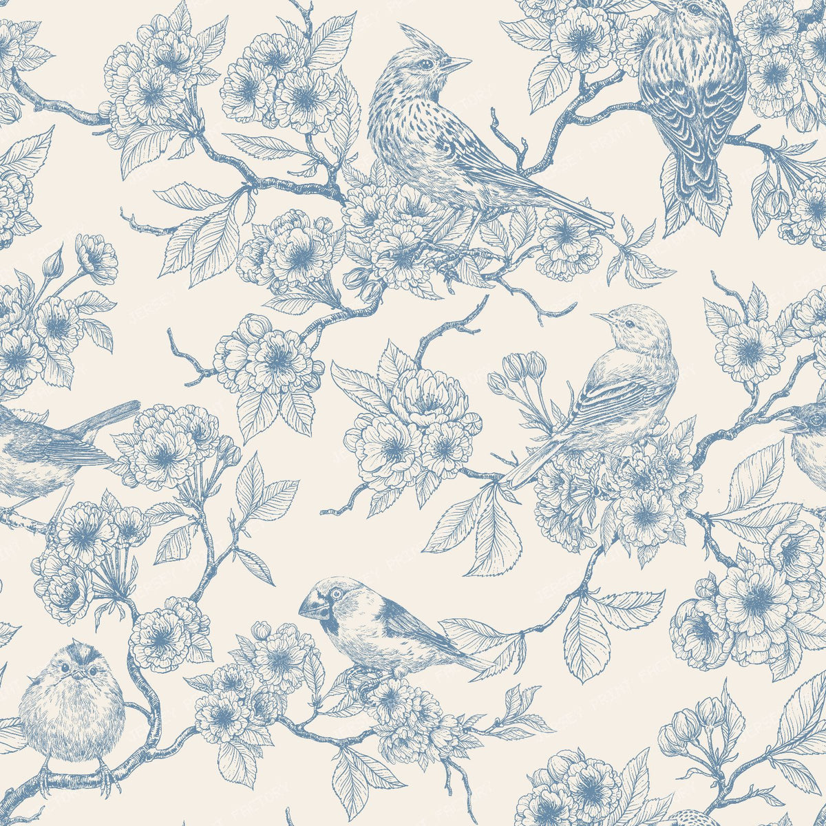 Birds and cherry blossom on white — in blue and off white