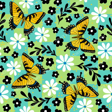 Yellow Tiger Swallowtail Butterfly Floral Patchwork in Green and Blue
