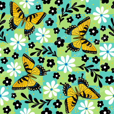 Yellow Tiger Swallowtail Butterflies Floral Patchwork in Green and Blue