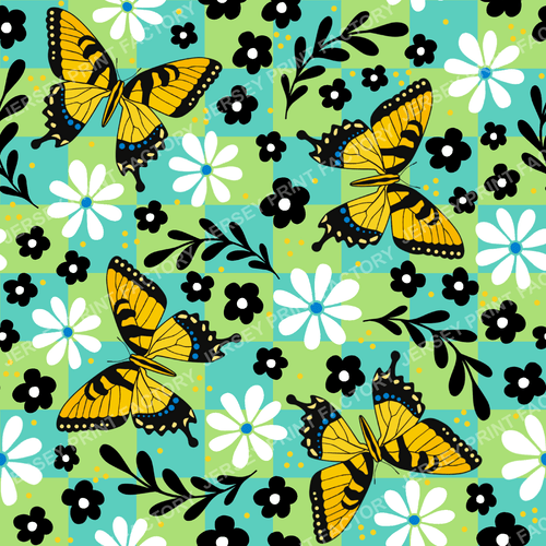 Yellow Tiger Swallowtail Butterflies Floral Patchwork in Green and Blue
