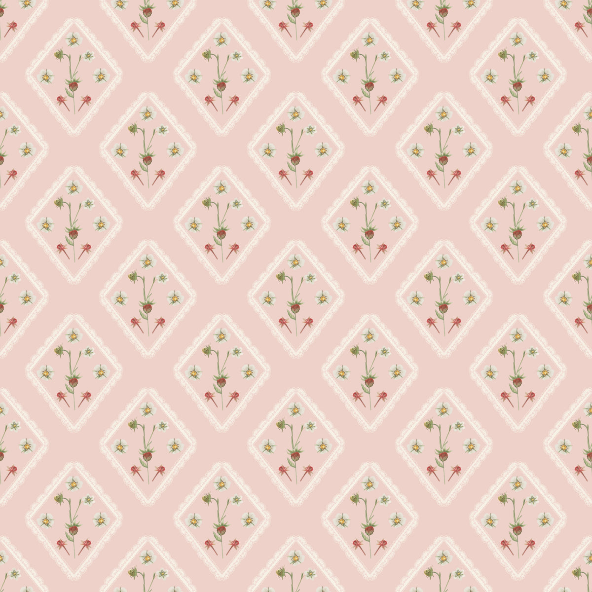 Pink Floral & Strawberry Fruits and Leaves