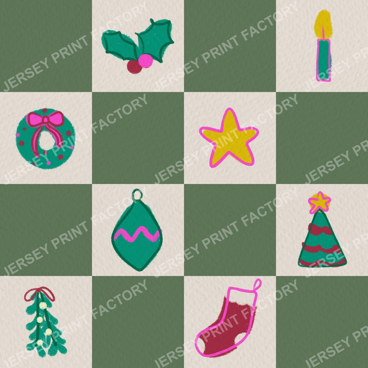 Christmas Checkerboard with Festive Doodles in Muted Green