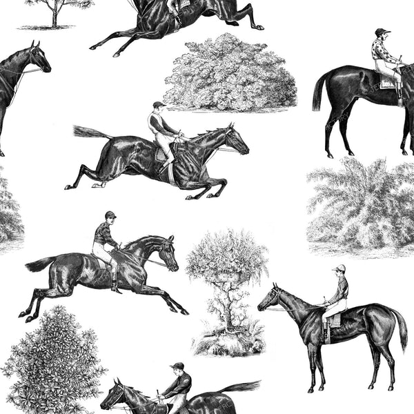 Horse Racing Black and White Cottagecore Toile Pattern