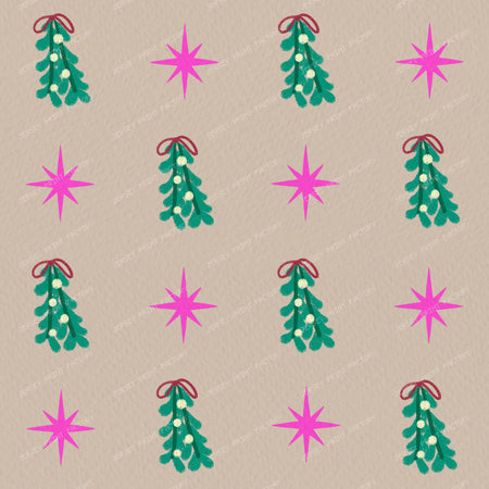 Whimsical Winter Mistletoe and Pink Stars on Purple — Beige