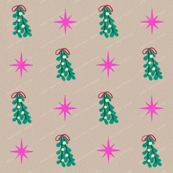 Whimsical Winter Mistletoe and Pink Stars on Beige