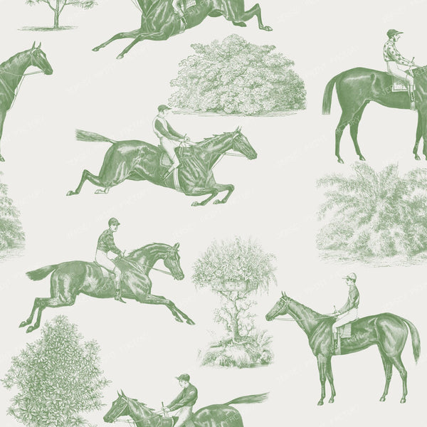 Horse Racing Green Monochrome Cottagecore Toile Pattern