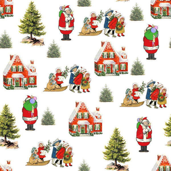 Winter Holiday Scene with Santa Vintage Chic Cottagecore Pattern for Christmas on White Background