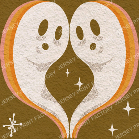 Retro Halloween Ghosts 70s Psychedelic Rainbow Ghost Print Vintage Spooky Mid Century Groovy Halloween Fabric Pattern -Mustard
