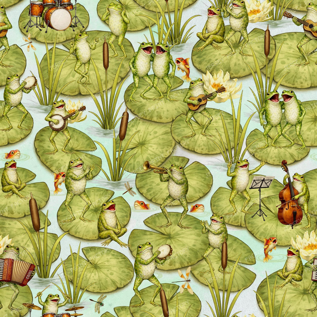 Whimsical Vintage Musical Frogs Playing Instruments on Lily Pads in a Pond - Light BLue — Turquoise