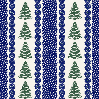 Snowy Pine Trees Folk Art Winter Snowflake Stripes In Green And Navy