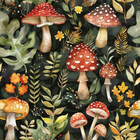 Moody Watercolor Mushroom and Forest Botanical Seamless Pattern