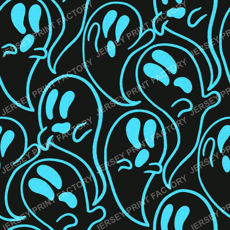 Blue Neon Sketchy Doodle Ghosts on Black