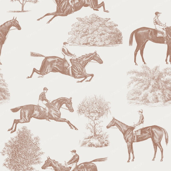 Horse Racing Brown Monochrome Cottagecore Toile Pattern