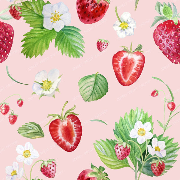 Strawberry Fruits and Flowers Cottagecore Floral Pattern on Rose Pink