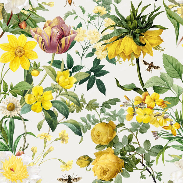 Yellow Flowers Garden Lush Boho Chic Floral Botanical Pattern - Pale Ash