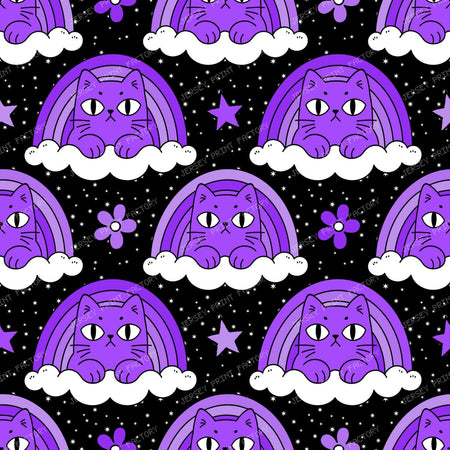 Funny Purple Grumpy Cat  in Rainbow Cloud  on Black