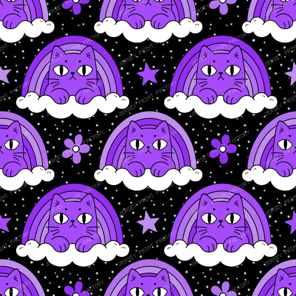 Funny Purple Grumpy Cat  in Rainbow Cloud  on Black