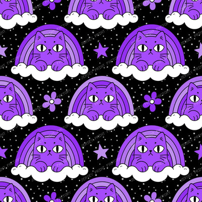 Funny Purple Grumpy Cat  in Rainbow Cloud  on Black