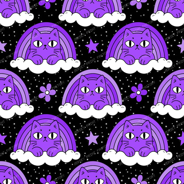 Funny Purple Grumpy Cat  in Rainbow Cloud  on Black