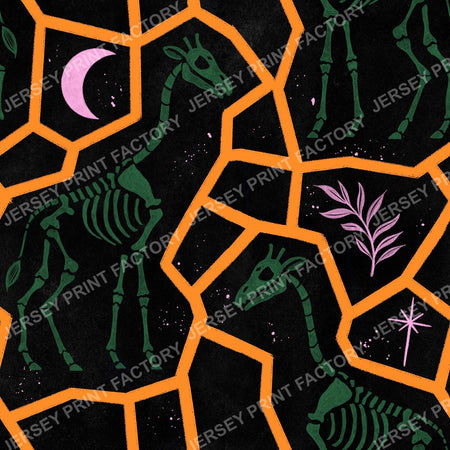 Green and Orange Halloween Animal Print, Giraffe Skeleton - Gothic Fossils with Moon and Stars