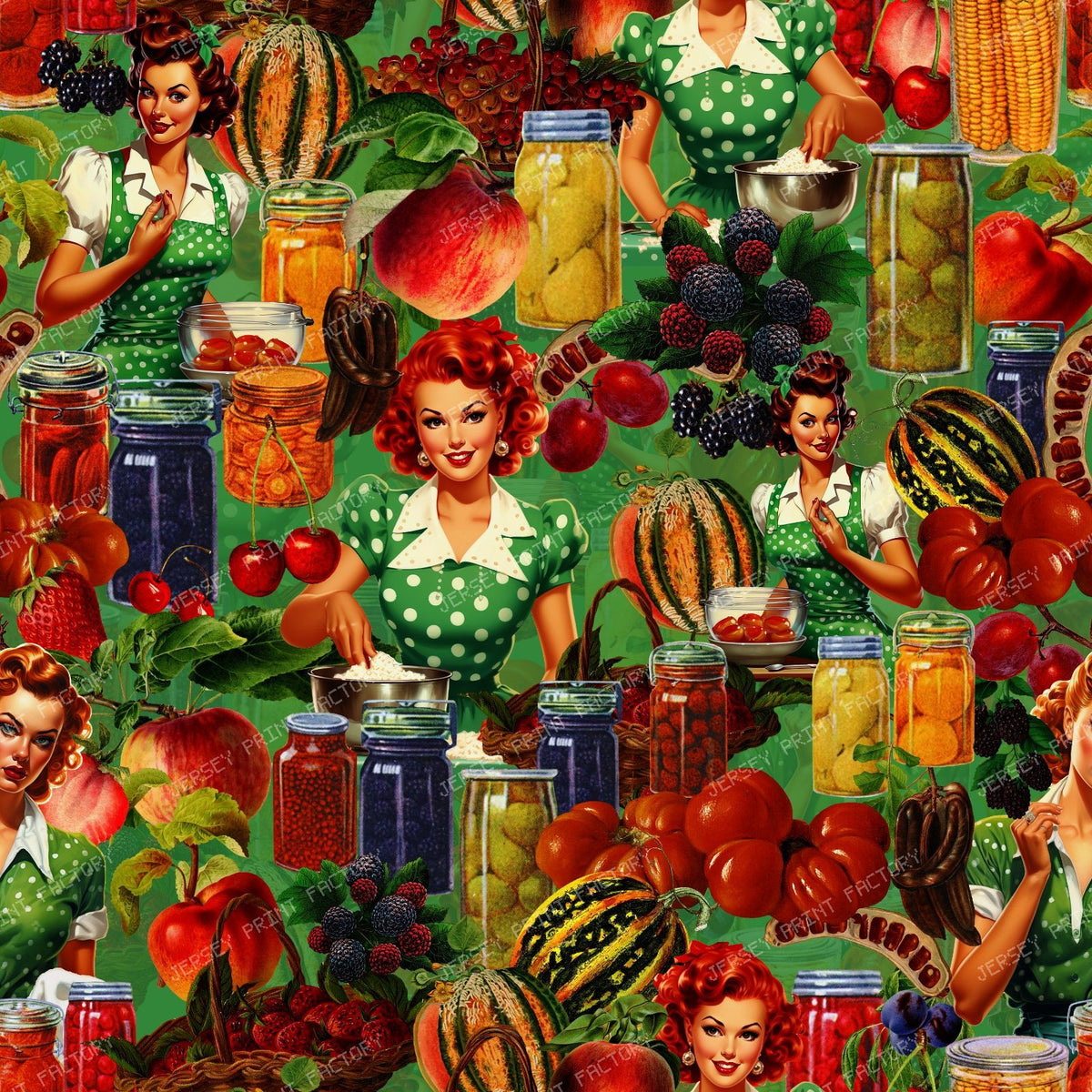 1950s Vintage Pin Up Housewife with Retro Kitchen Canning and Garden Harvest - Green