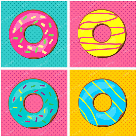 Pink Donut, Yellow Donut, Blue Donut, Pop Art, Colorful Squares