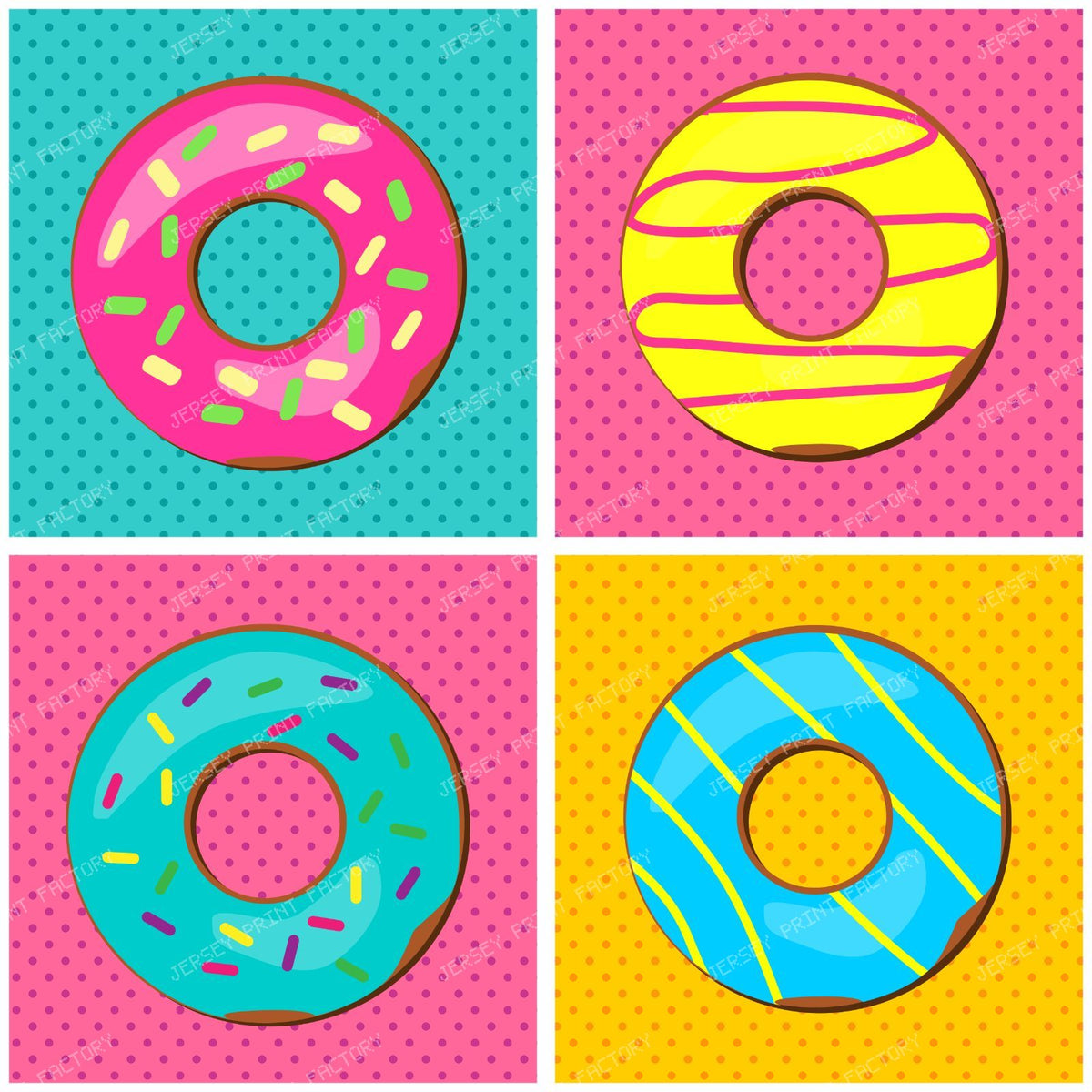 Pink Donut, Yellow Donut, Blue Donut, Pop Art, Colorful Squares