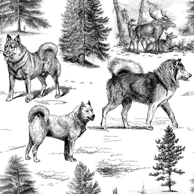 Alaskan Malamute and Northern Dogs in the Winter Landscape Earth Tones Monochromatic Toile Pattern — Black and White