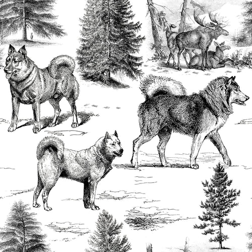 Alaskan Malamute and Northern Dogs in the Winter Landscape Earth Tones Monochromatic Toile Pattern — Black and White