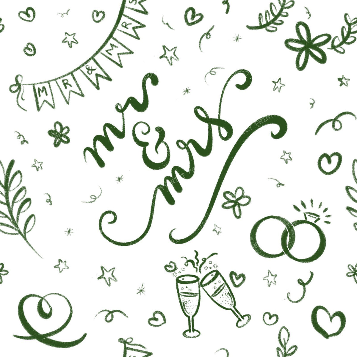 Sage Green Wedding Doodles Mr and Mrs engagement party for bride and groom — Forest Green