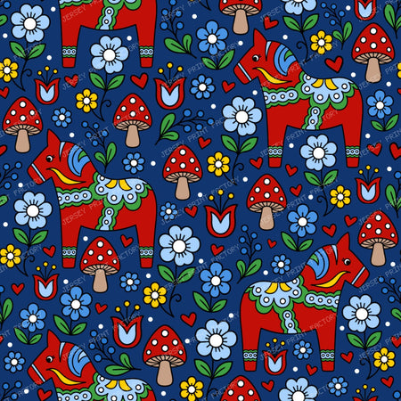 Red Dala Horse Swedish Scandinavian Floral Navy