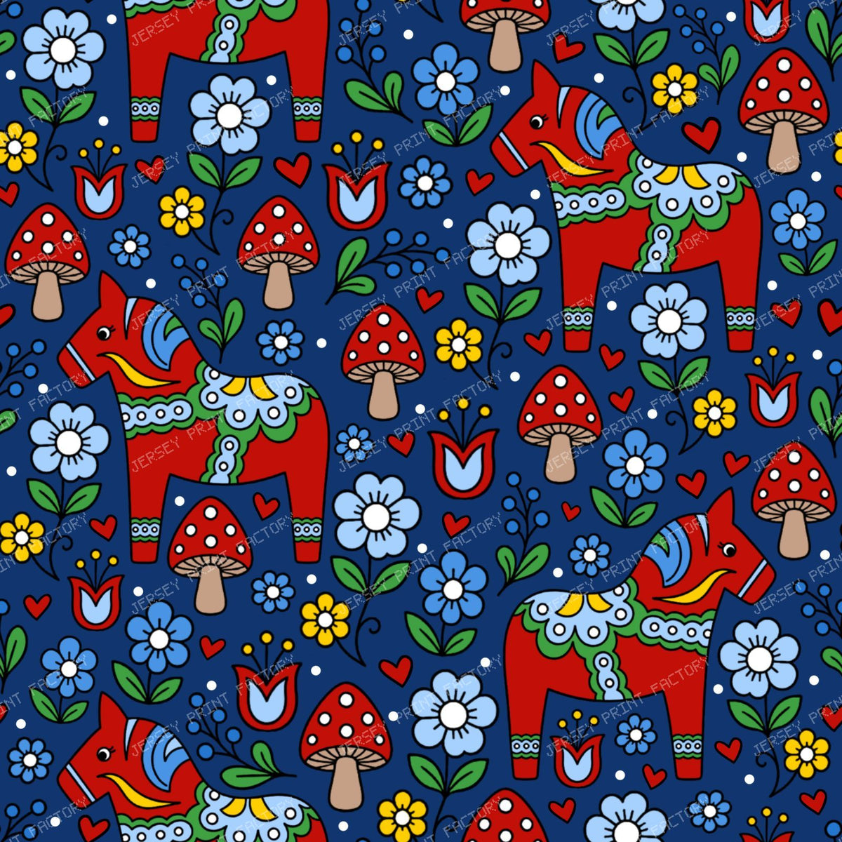 Red Dala Horse Swedish Scandinavian Floral Navy
