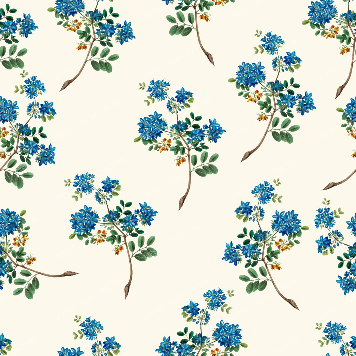 Blue Flowers, Guaiacum Flowers, Floral Pattern, Greenery — Beige