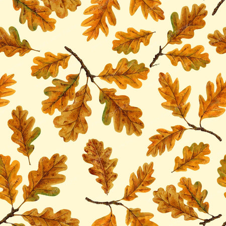 Autumnal oak leaves on cream