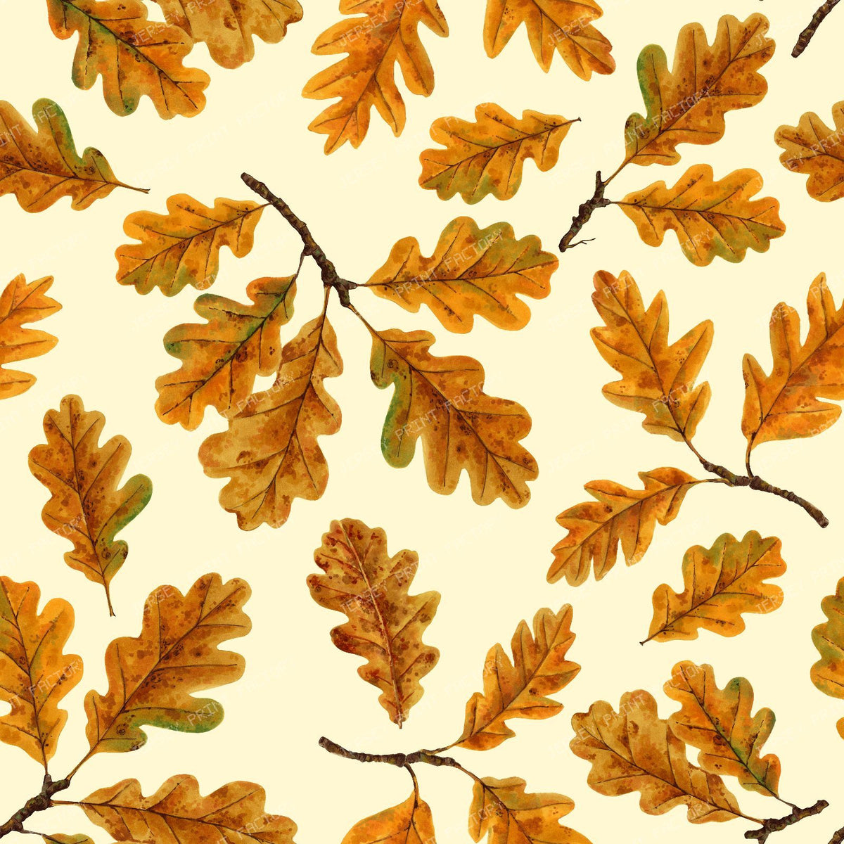 Autumnal oak leaves on cream