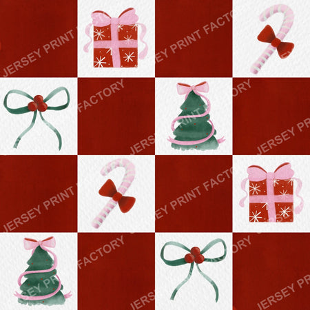 Red Coquette Christmas Checkerboard Ribbons Bows Trees Candy Canes