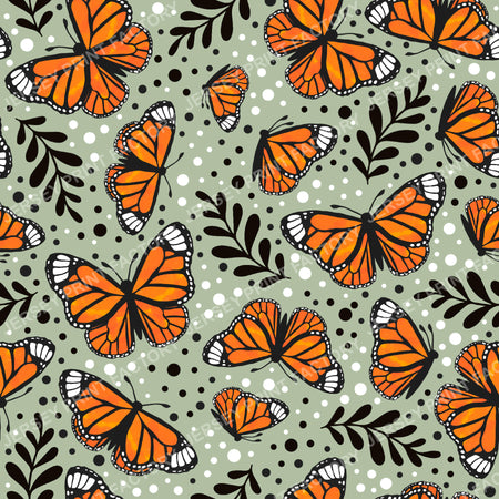 Orange Monarch Butterfly Floral on Soft Sage Green