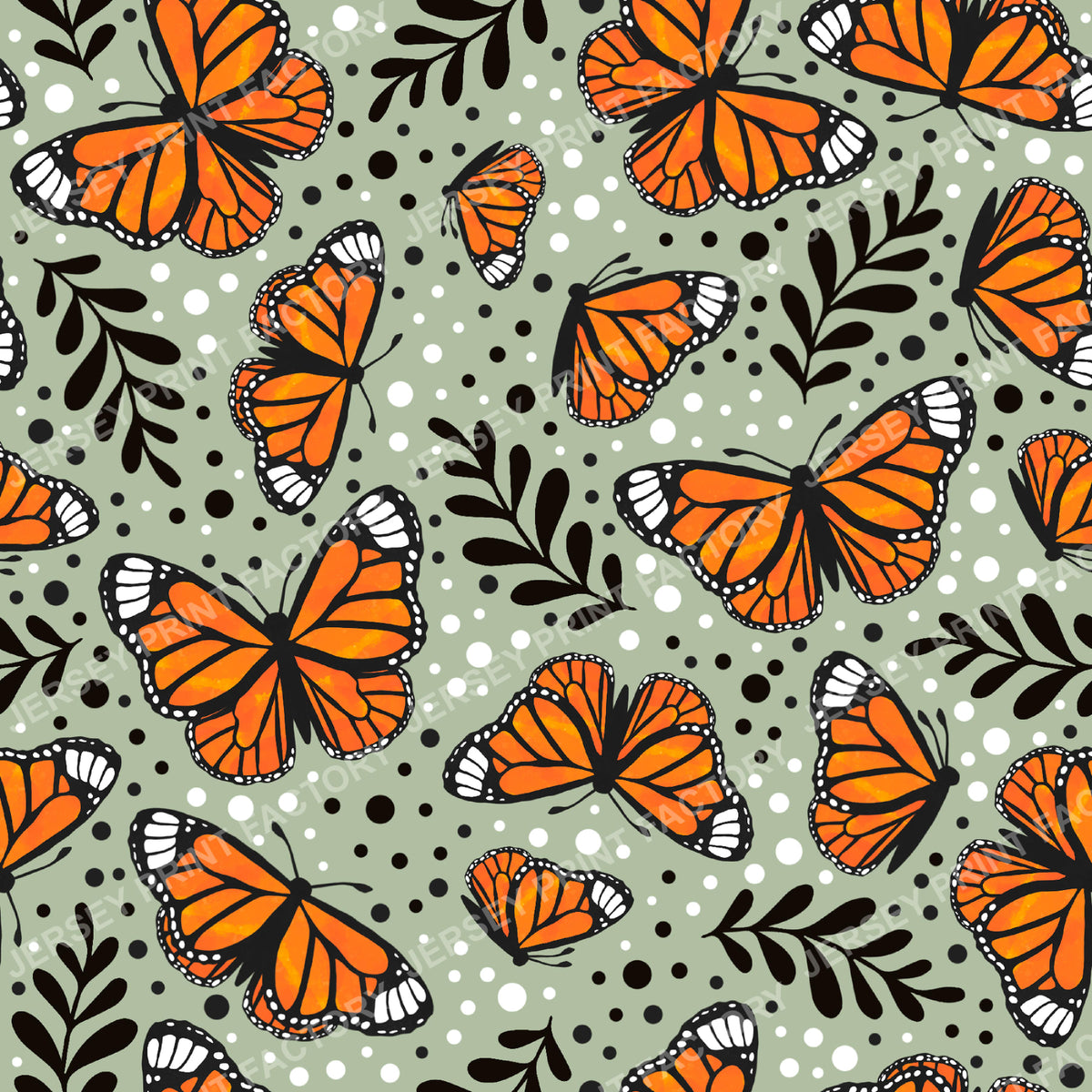 Orange Monarch Butterfly Floral on Soft Sage Green