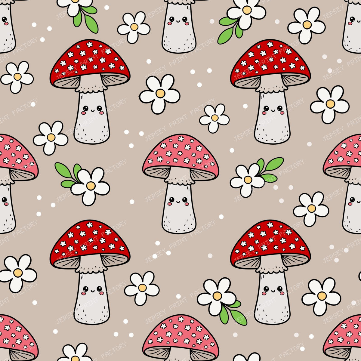Cute Kawaii Mushrooms in Tan
