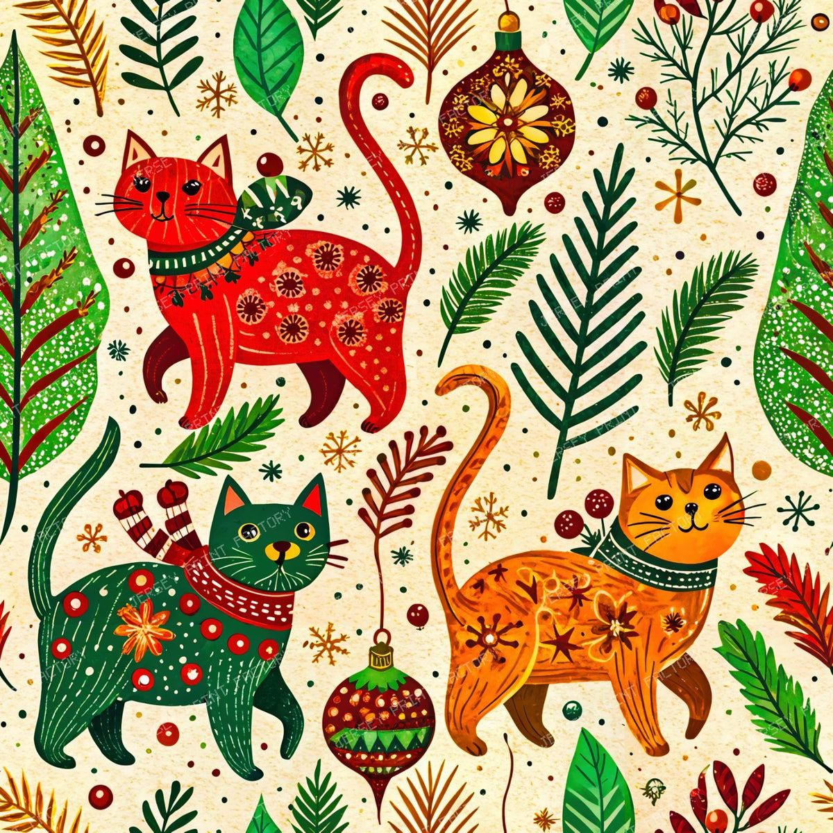 Christmas  Folk art With Cats 1