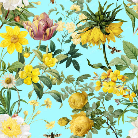 Yellow Flowers Garden Lush Boho Chic Floral Botanical Pattern - Cyan Blue