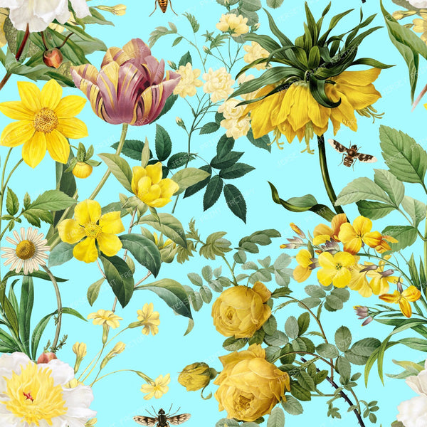 Yellow Flowers Garden Lush Boho Chic Floral Botanical Pattern - Cyan Blue