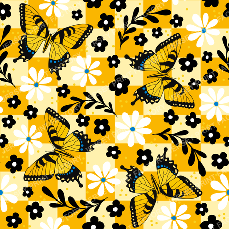 Yellow TigerSwallowtail Butterfy Floral Checkerboard
