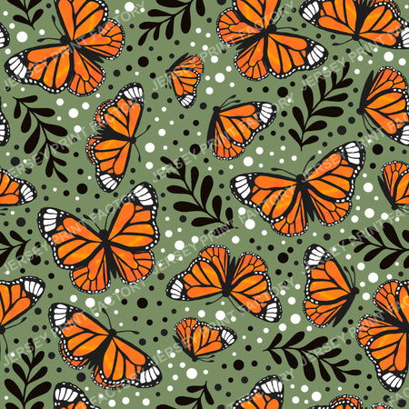 Orange Monarch Butterfly Floral in Moss Green