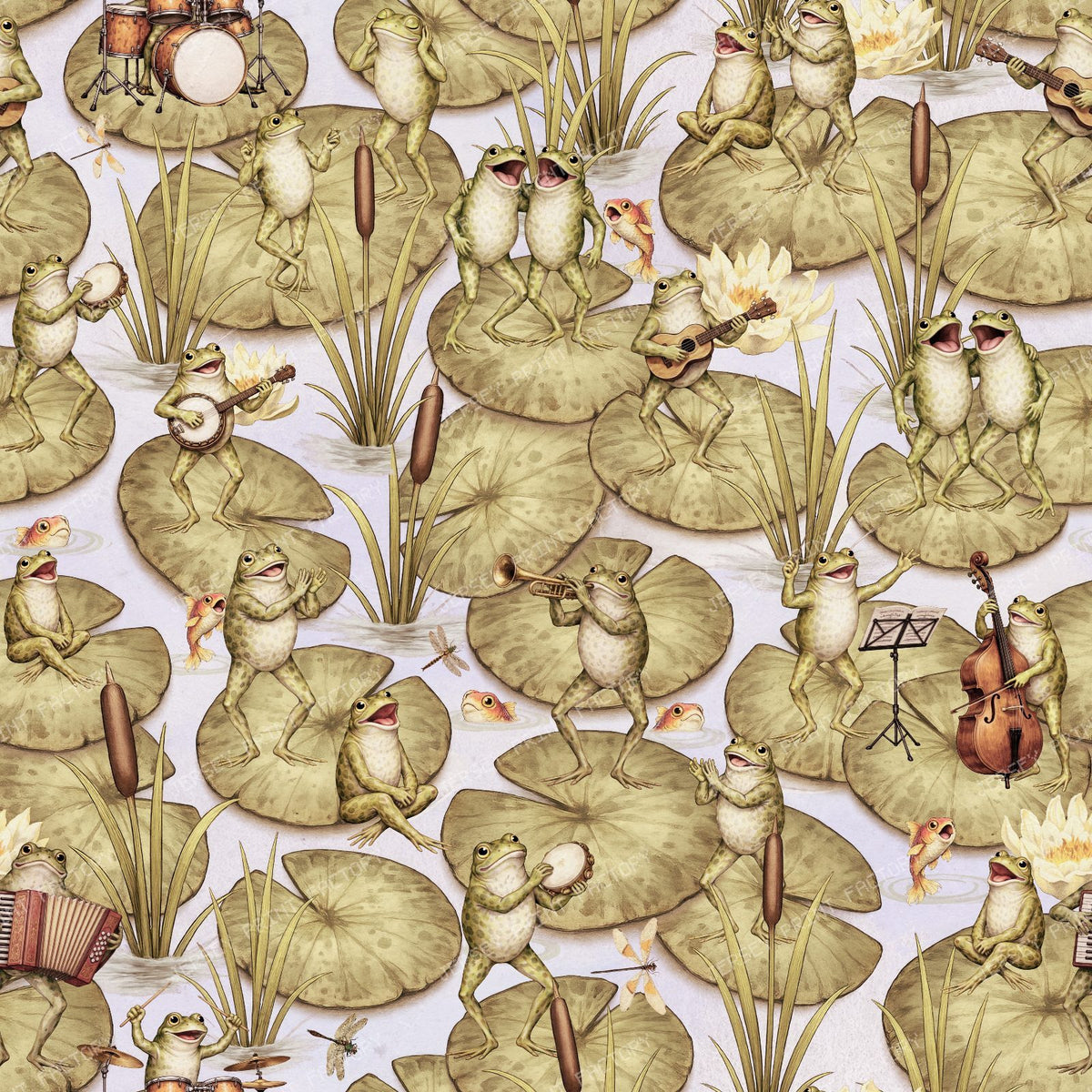 Whimsical Vintage Musical Frogs Playing Instruments on Lily Pads in a Pond - Light BLue — Sepia