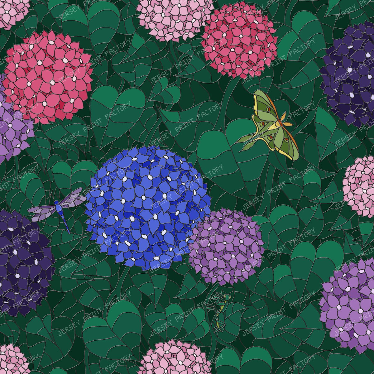 Stained Glass Hydrangea Garden — Sunlit Pewter with Luna Moth