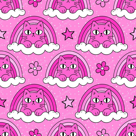 Funny Pink Grumpy Cat  in Rainbow Cloud