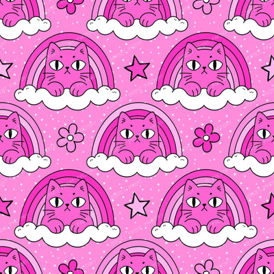 Funny Pink Grumpy Cat  in Rainbow Cloud