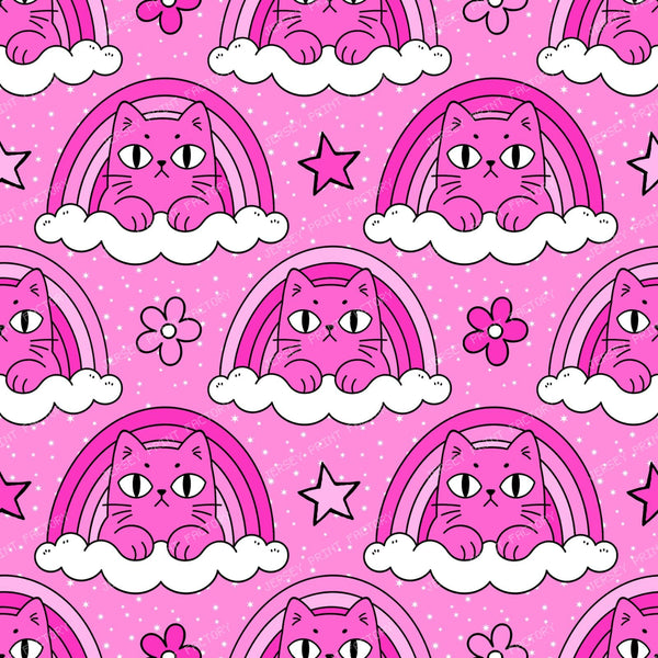 Funny Pink Grumpy Cat  in Rainbow Cloud