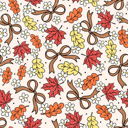 Fall Leaves And Daisy Flowers Autumn Coquette Bows On Ivory